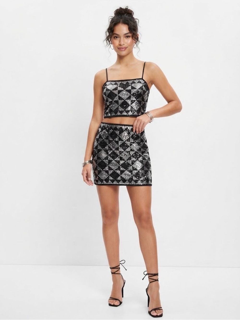 NWT Express Black & Silver Geometric Sequin Crop Top & Mini Skirt Set — Size S